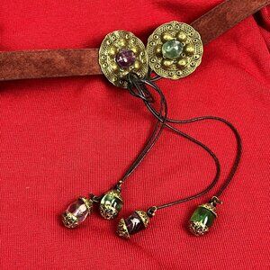 Burgundy Suede Leather Belt w/ Tassel Tie Closure with Polished Stones on Gold